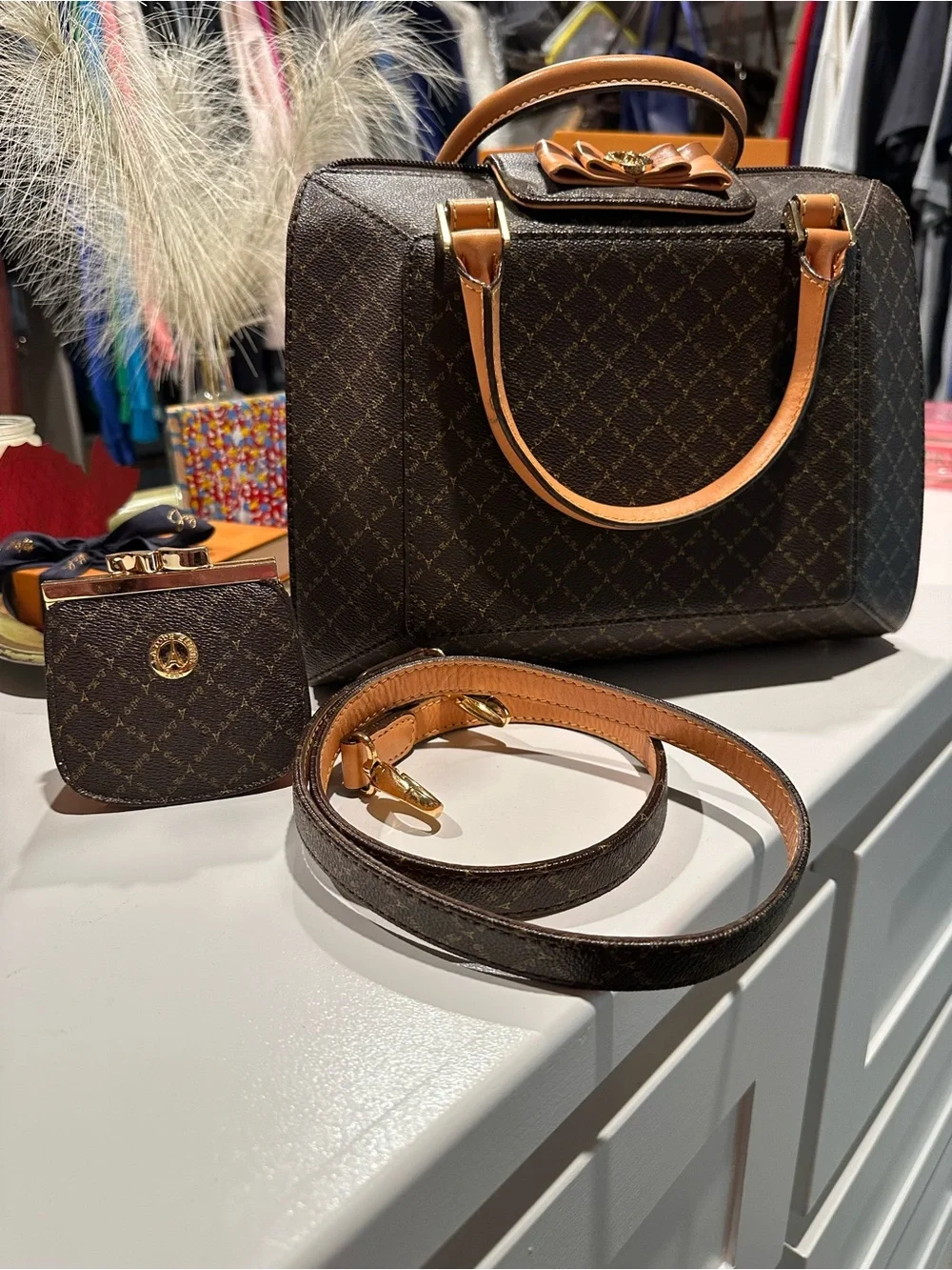 Brown Patterned Satchel with Tan Trim and Bow Accent